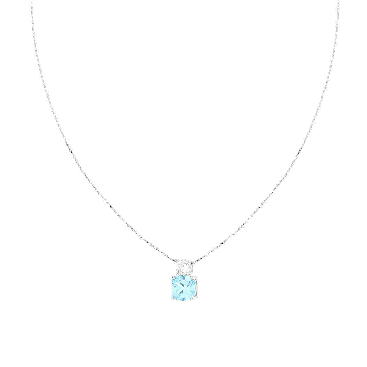 Collana Catena Veneziana Diamantata con Quadrato Acquamarina e Cubic Zirconia Bianco in ARGENTO 925 Galvanica Rodio
