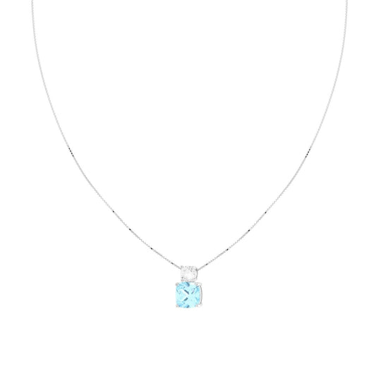 Collana Catena Veneziana Diamantata con Quadrato Acquamarina e Cubic Zirconia Bianco in ARGENTO 925 Galvanica Rodio