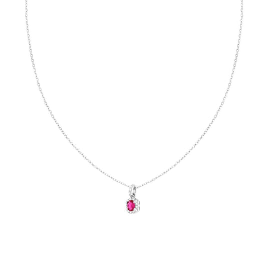 Collana Catena Forzatina Diamantata con Ovale Rosso Rubino contornato da Cubic Zirconia Bianchi in ARGENTO 925 Galvanica Rodio