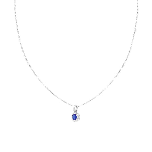 Collana Catena Forzatina Diamantata con Ovale Blu Zaffiro contornato da Cubic Zirconia Bianchi in ARGENTO 925 Galvanica Rodio