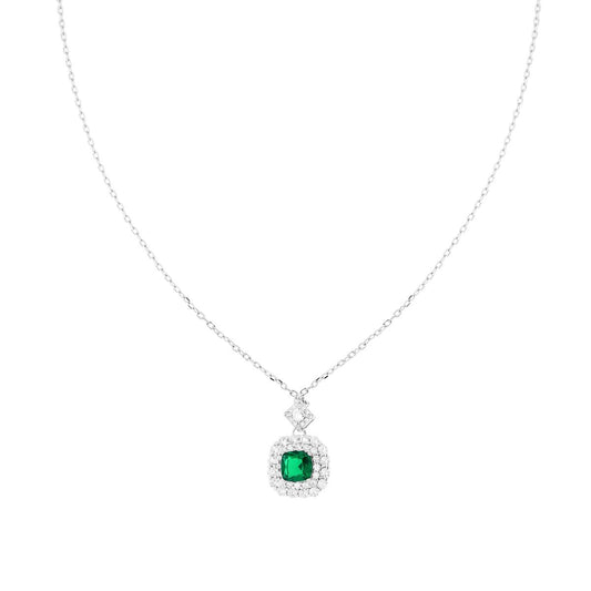 Collana Catena Forzatina Diamantata con Quadrato Verde Smeraldo contornato da Cubic Zirconia Bianchi in ARGENTO 925 Galvanica Rodio