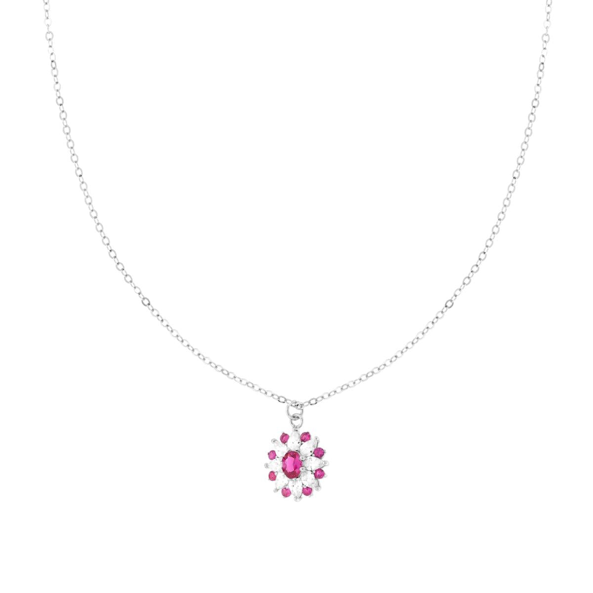 Collana Catena Forzatina Diamantata con Fiore Ovale Rosso Rubino e Cubic Zirconia Bianchi Marquise in ARGENTO 925 Galvanica Rodio