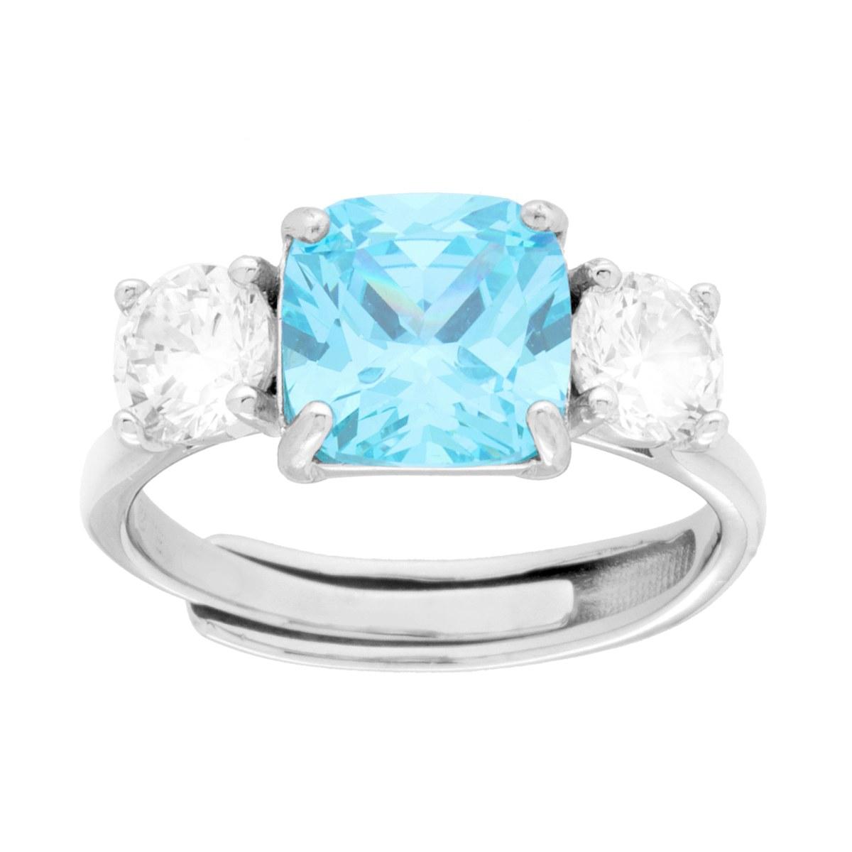 Anello Trilogy Acquamarina Quadrato e Cubic Zirconia Bianchi in ARGENTO 925 Galvanica Rodio