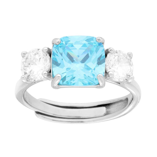 Anello Trilogy Acquamarina Quadrato e Cubic Zirconia Bianchi in ARGENTO 925 Galvanica Rodio