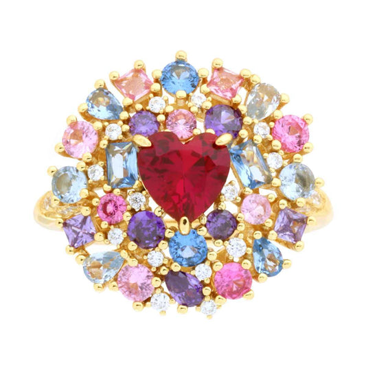 Anello Amore Love Cuore Rosso Rubino contornato da Cubic Zirconia Multicolor in ARGENTO 925 Galvanica Oro