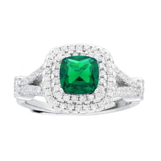 Anello Solitario Verde Smeraldo contornato da Cubic Zirconia Bianchi in ARGENTO 925 Galvanica Rodio