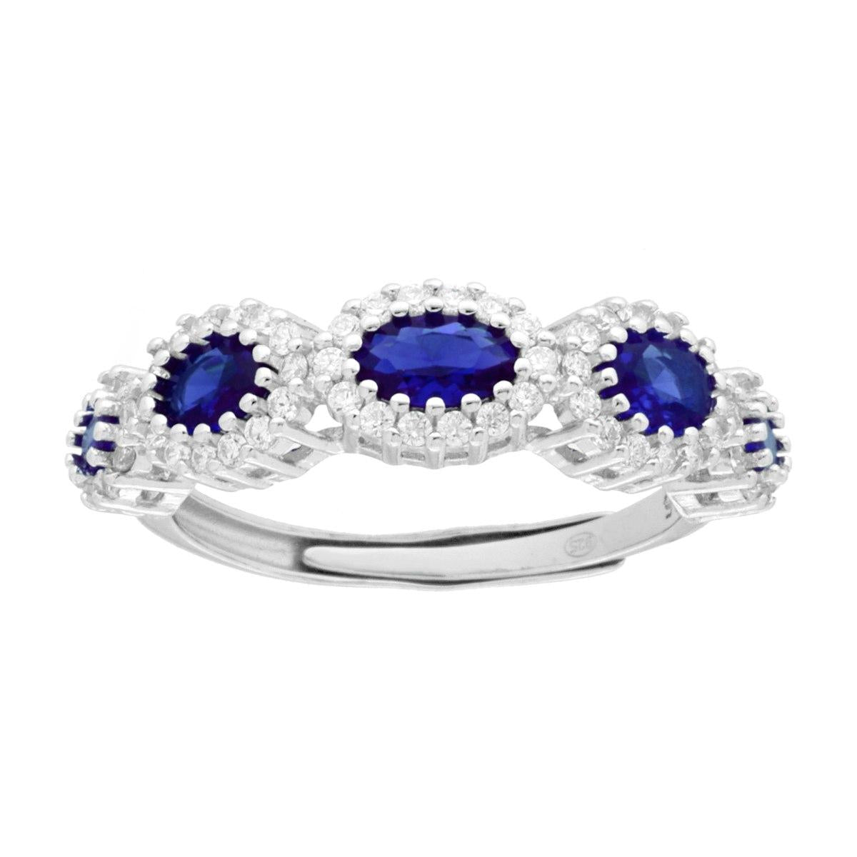 Anello Veretta Ovali Blu Zaffiro degrade contornati da Cubic Zirconia Bianchi in ARGENTO 925 Galvanica Rodio