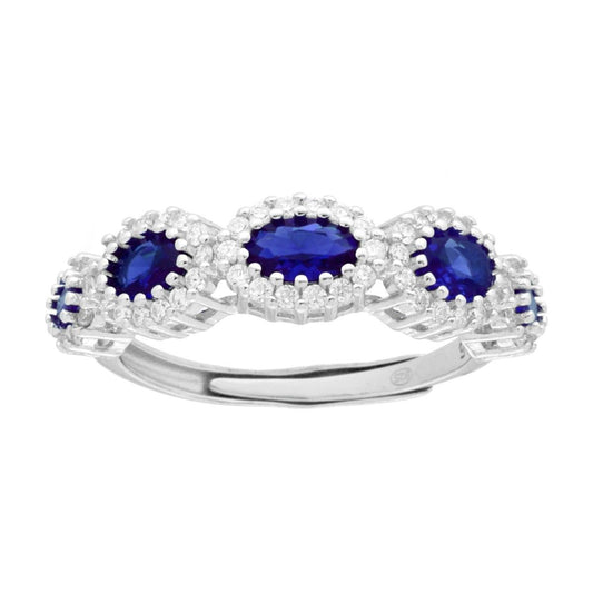 Anello Veretta Ovali Blu Zaffiro degrade contornati da Cubic Zirconia Bianchi in ARGENTO 925 Galvanica Rodio