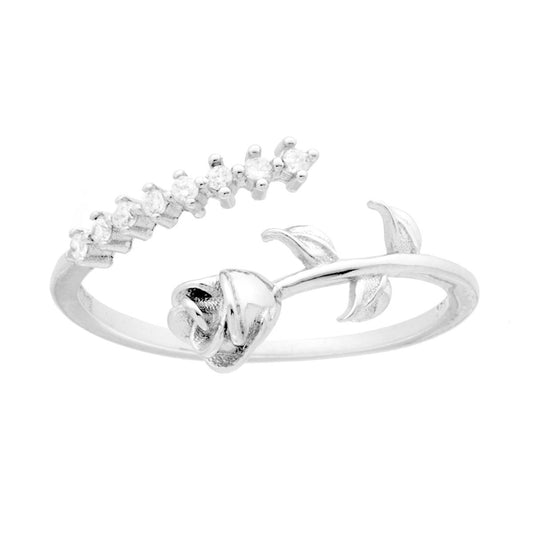 Anello Contrarie con Fiore Rosa e veretta Cubic Zirconia Bianchi in ARGENTO 925 Galvanica Rodio