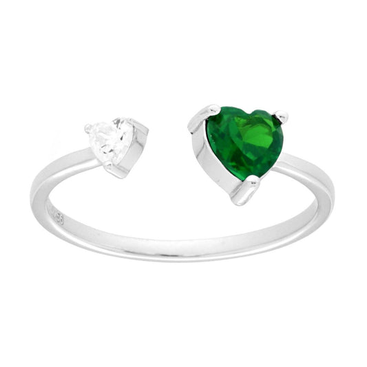 Anello Bilogy Cuore Verde Smeraldo e Cuore Cubic Zirconia Bianco in ARGENTO 925 Galvanica Rodio