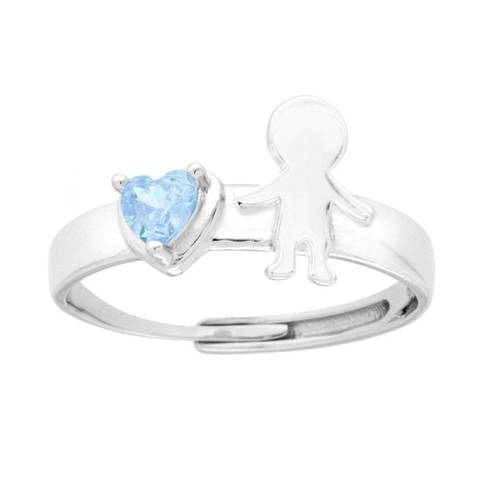 Anello Famiglia figlio Bimbo e Cuore Acquamarina Cubic Zirconia in ARGENTO 925 Galvanica Rodio
