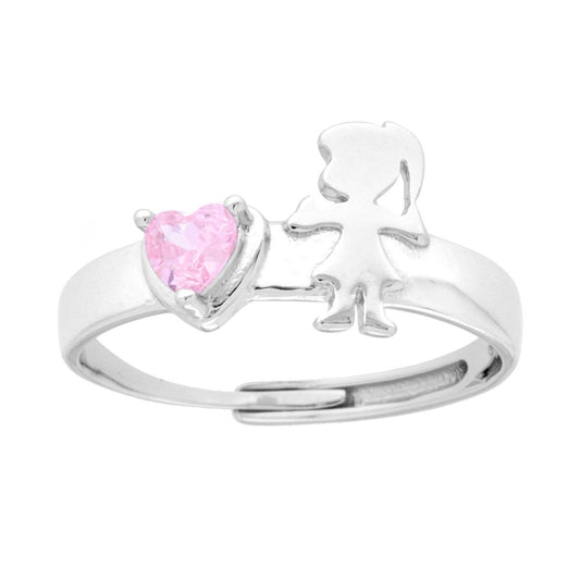 Anello Famiglia con figlia Bimba e Cuore Rosa Cubic Zirconia in ARGENTO 925 Galvanica Rodio