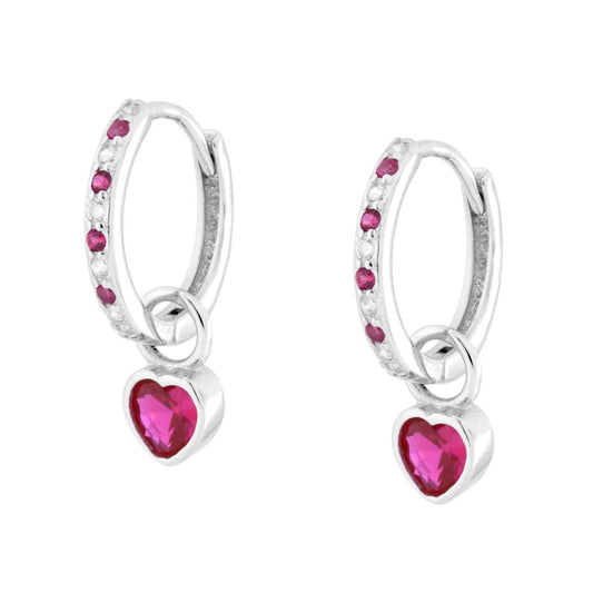 Orecchini Cerchio con Cuore e Cubic Zirconia Rosso Rubino e Bianco in ARGENTO 925 Galvanica Rodio