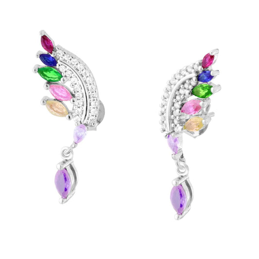 Orecchini Piuma con Cubic Zirconia Bianchi e Multicolor pendenti in ARGENTO 925 Galvanica Rodio