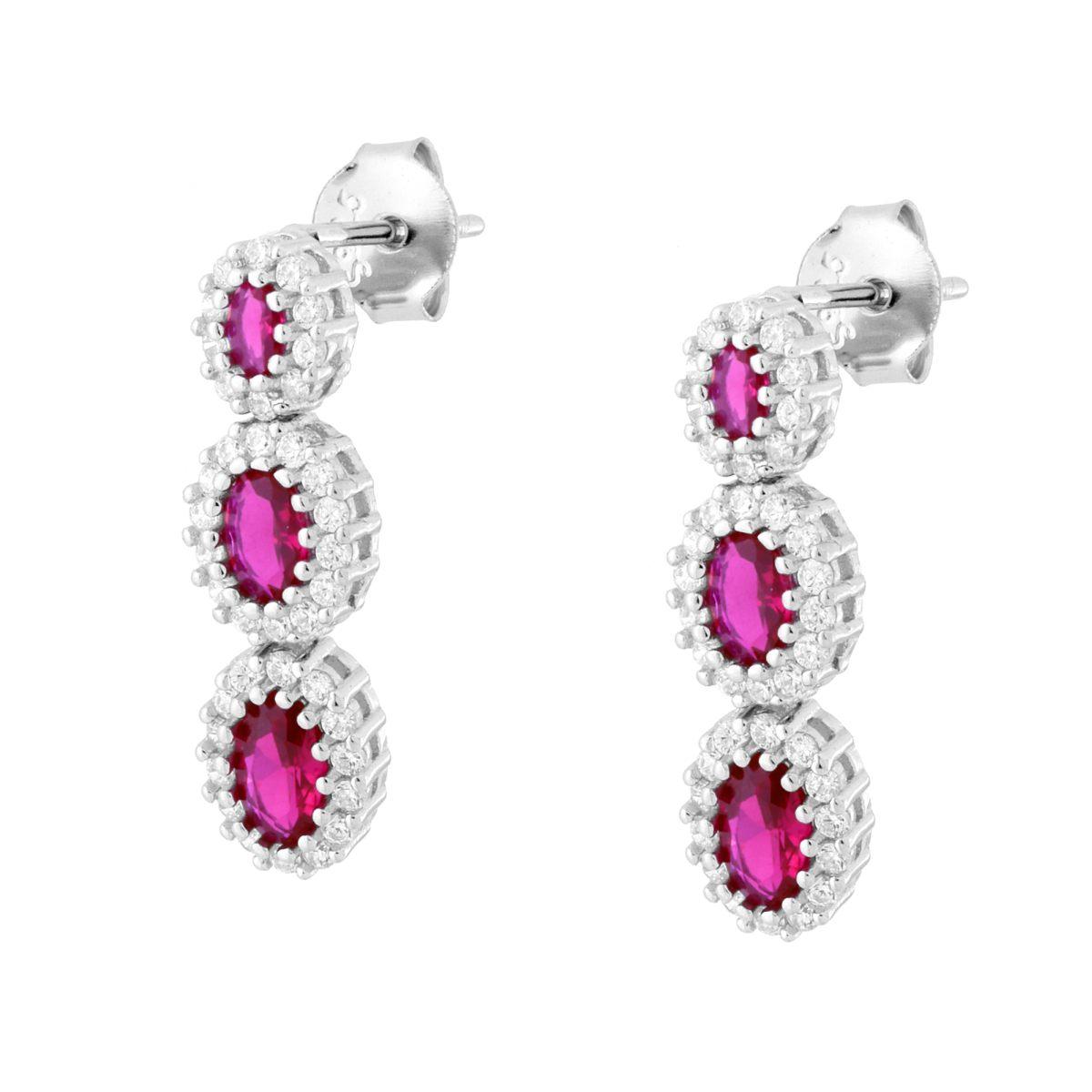 Orecchini con Pendenti Ovali Rosso Rubino contornati da Cubic Zirconia Bianchi in ARGENTO 925 Galvanica Rodio