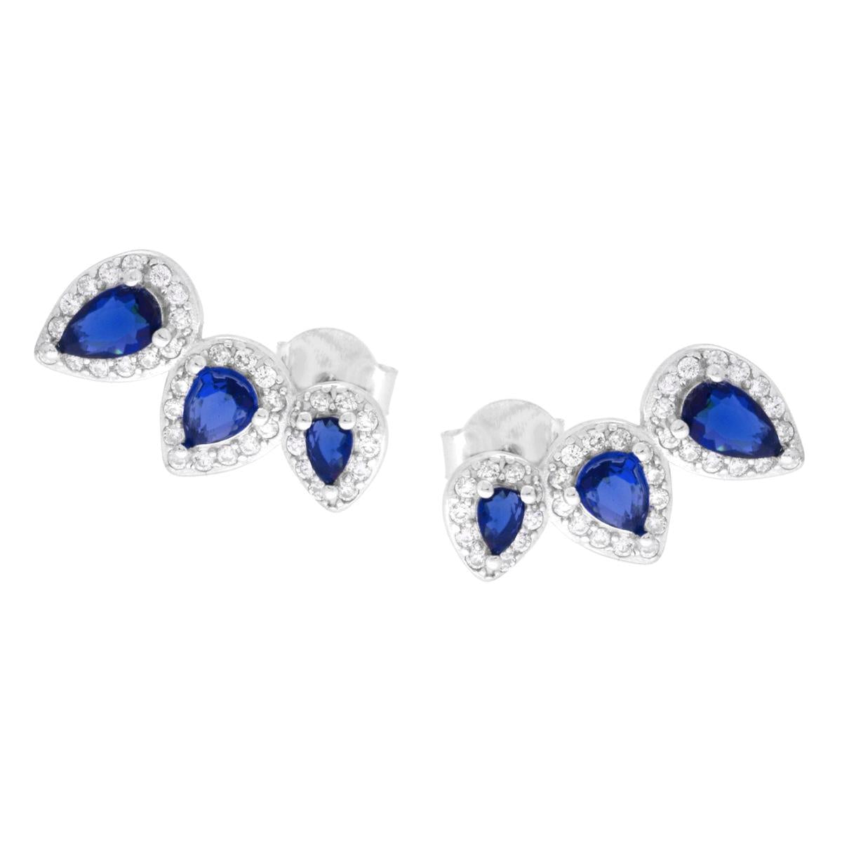 Orecchini Trilogy Gocce Blu Zaffiro contornate da Cubic Zirconia Bianchi in ARGENTO 925 Galvanica Rodio