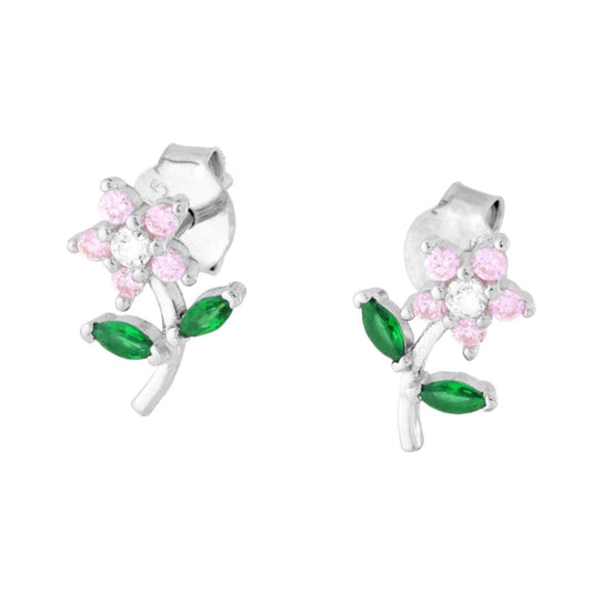 Orecchini Fiore con Gambo e Cubic Zirconia Rosa e Verde Smeraldo in ARGENTO 925 Galvanica Rodio