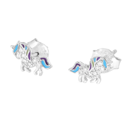 Orecchini Unicorno con Cubic Zirconia Bianchi e Smalto Multicolor in ARGENTO 925 Galvanica Rodio
