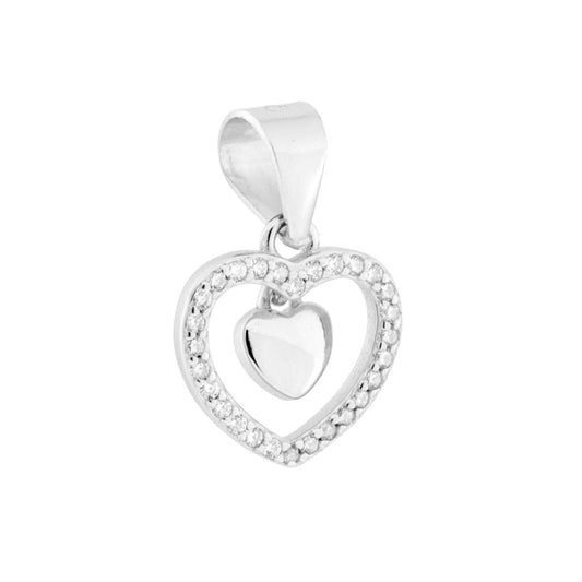 Ciondolo Cuore con Cubic Zirconia Bianchi e Cuoricino pendente in ARGENTO 925 Galvanica Rodio