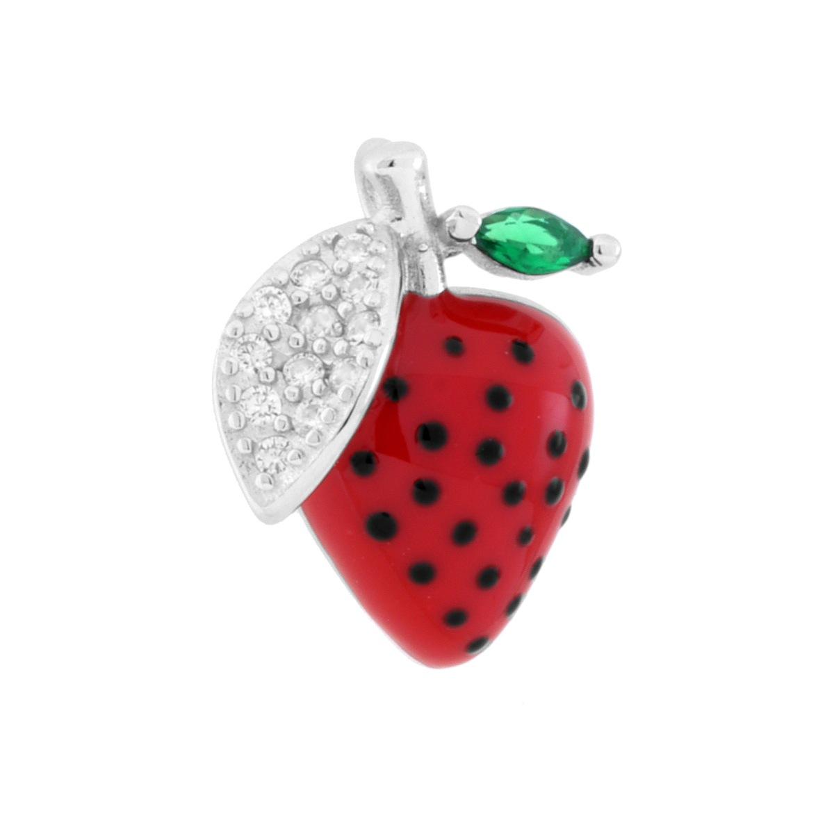 Ciondolo Fragola con Smalto Rosso e Cubic Zirconia Bianchi e Verde Smeraldo in ARGENTO 925 Galvanica Rodio