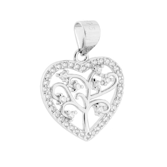 Ciondolo Cuore Albero della Vita con Cubic Zirconia Bianchi in ARGENTO 925 Galvanica Rodio