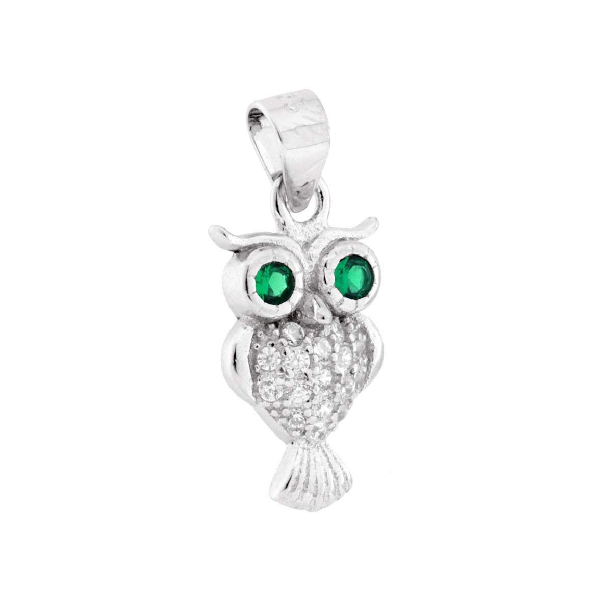 Ciondolo Gufo con Cubic Zirconia Bianchi e Verde Smeraldo in ARGENTO 925 Galvanica Rodio