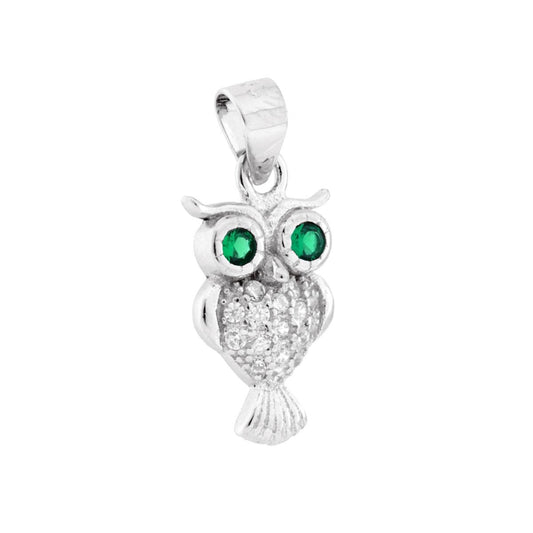 Ciondolo Gufo con Cubic Zirconia Bianchi e Verde Smeraldo in ARGENTO 925 Galvanica Rodio