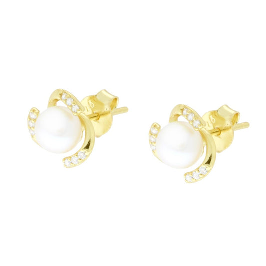 Orecchini Vortice con Cubic Zirconia Bianchi e Perla Naturale in ARGENTO 925 Galvanica Oro