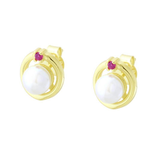 Orecchini Cerchio con Perla Naturale e Cubic Zirconia Rosso Rubino in ARGENTO 925 Galvanica Oro