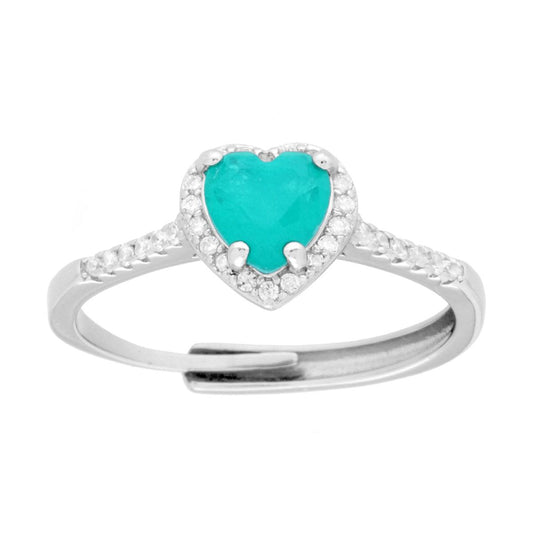 Anello Halo Solitario con Cuore Pietra Naturale Tormalina Paraiba e Cubic Zirconia Bianchi in ARGENTO 925 Galvanica Rodio