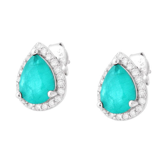 Orecchini Goccia Pietra Naturale Tormalina Paraiba contornati da Cubic Zirconia Bianchi in ARGENTO 925 Galvanica Rodio