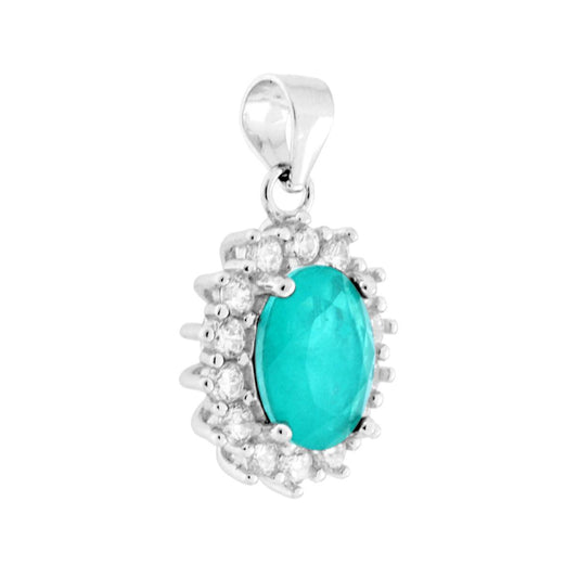 Ciondolo Ovale Pietra Naturale Tormalina Paraiba contornati da Cubic Zirconia Bianchi in ARGENTO 925 Galvanica Rodio