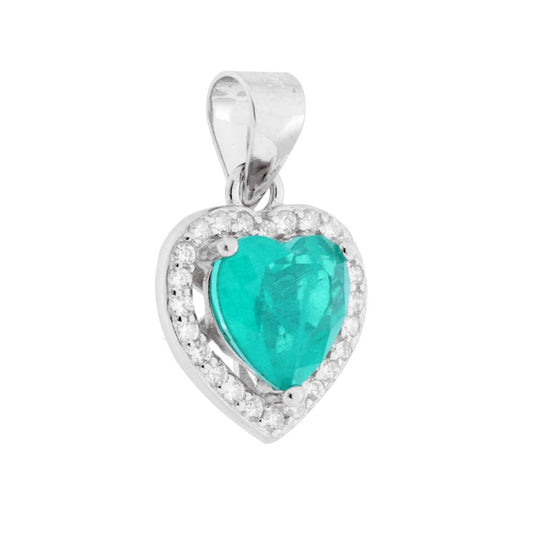 Ciondolo Cuore Pietra Naturale Tormalina Paraiba contornati da Cubic Zirconia Bianchi in ARGENTO 925 Galvanica Rodio