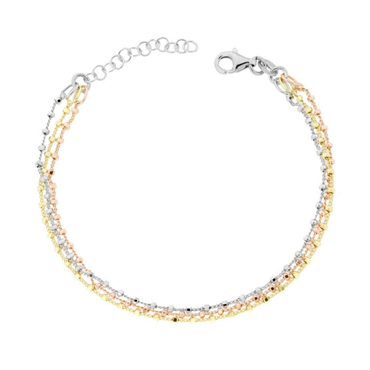 Bracciale tre fili Catena Grumetta con Cilindretti Diamantati in ARGENTO 925 Galvanica Rodio Oro e Rosa