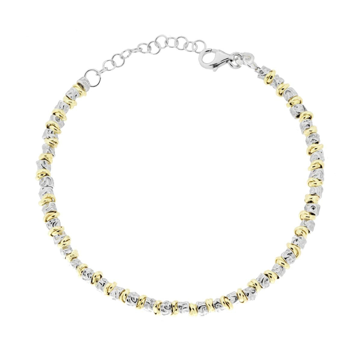 Bracciale Catena con Cilindretti Martellati ed Anelli Nodo in ARGENTO 925 Galvanica Rodio e Oro