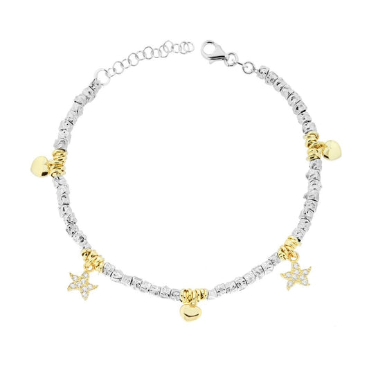Bracciale Cubetti Martellati con Charms Cuori e Stella Marina con Cubic Zirconia Bianchi in ARGENTO 925 Galvanica Rodio e Oro