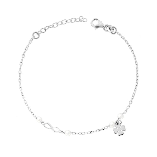 Bracciale Catena Forzatina Diamantata con Quadrifoglio Infinito e Perle in ARGENTO 925 Galvanica Rodio
