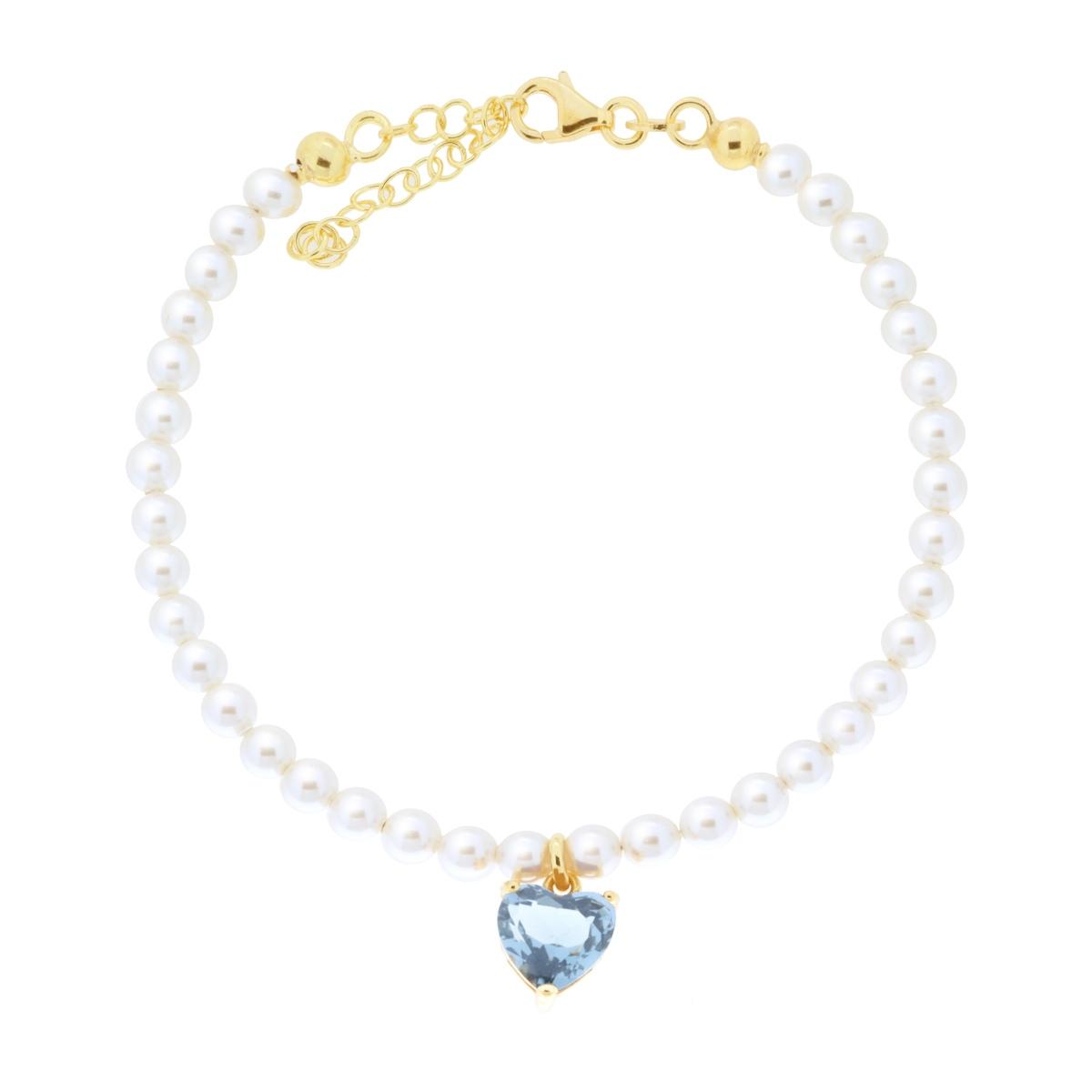 Bracciale Filo Perla con Cuore Cubic Zirconia Acquamarina in ARGENTO 925 Galvanica Oro