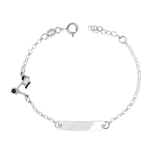 Bracciale Bimbo Bimba Targa Rettangolare con Catena Rolo Diamantata e Scooter Vespa smalto Nero e Bianco in ARGENTO 925 Galvanica Rodio