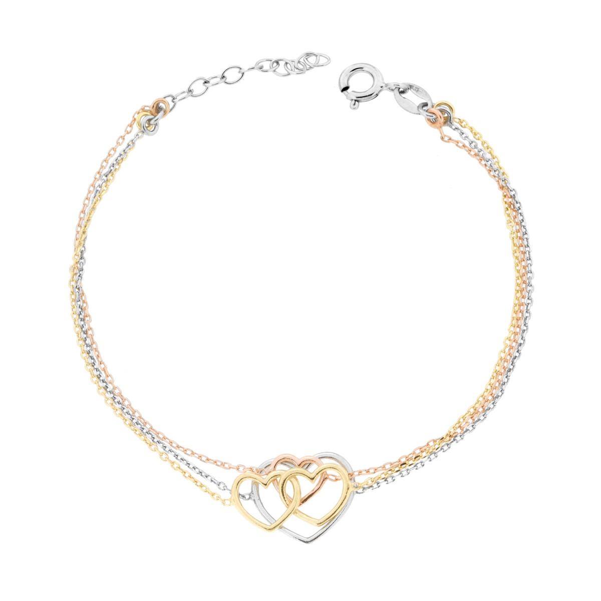Bracciale tre fili Catena Forzatina Diamantata con Cuori in ARGENTO 925 Galvanica Rodio Oro e Rosa