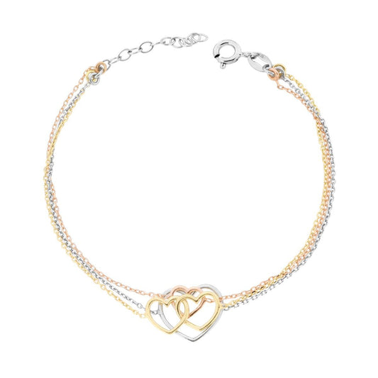 Bracciale tre fili Catena Forzatina Diamantata con Cuori in ARGENTO 925 Galvanica Rodio Oro e Rosa
