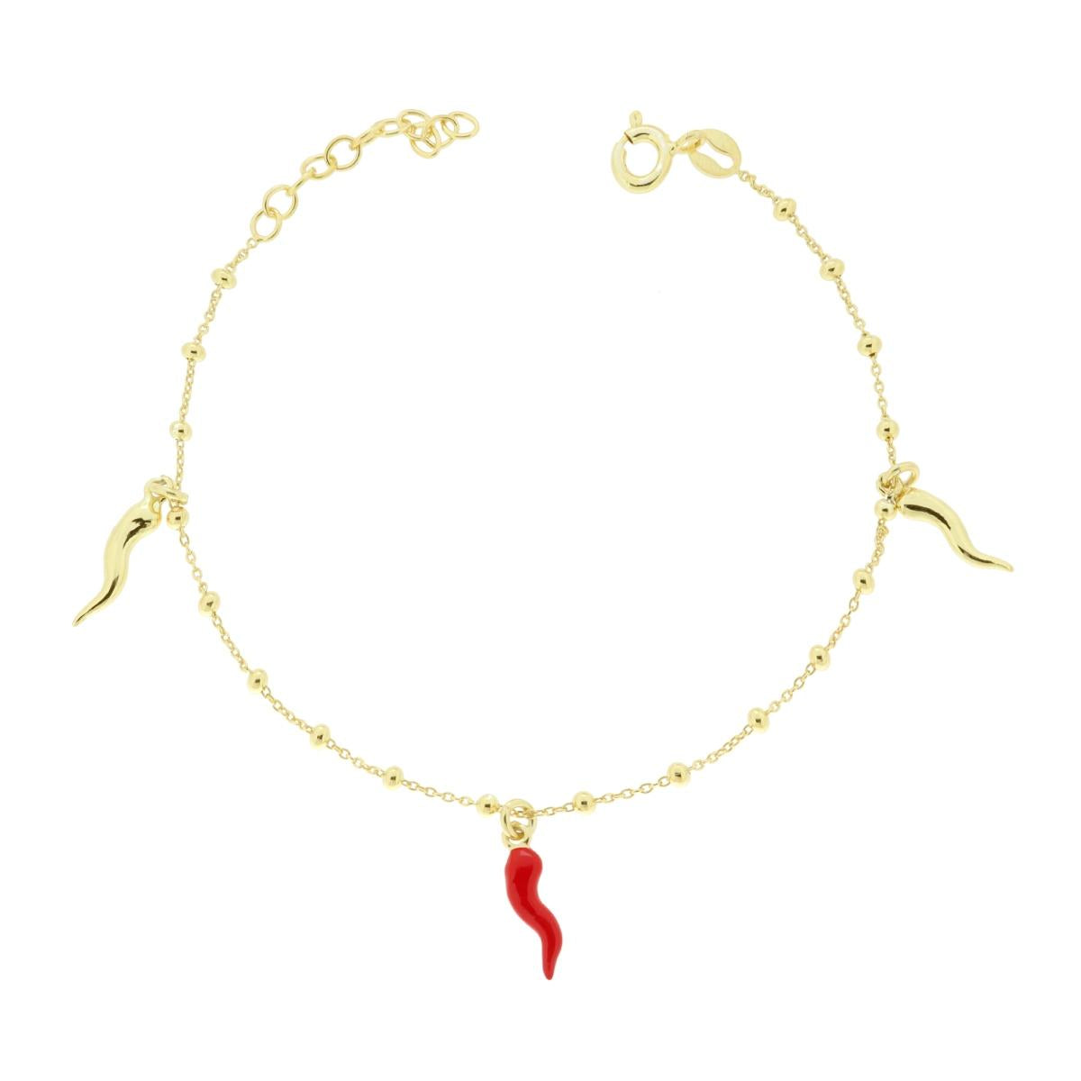Bracciale Catena Forzatina Diamantata con Palline Corni Smalto Rosso pendenti in ARGENTO 925 Galvanica Oro