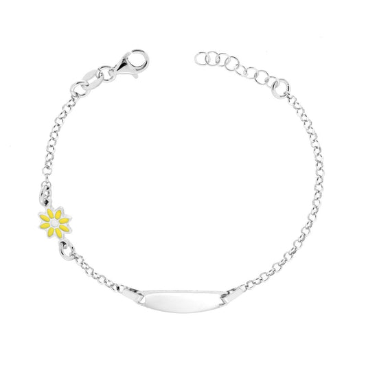 Bracciale Bimbo Bimba Targa Ovale con Catena Rolo Diamantata e Fiore smalto Giallo e Bianco in ARGENTO 925 Galvanica Rodio