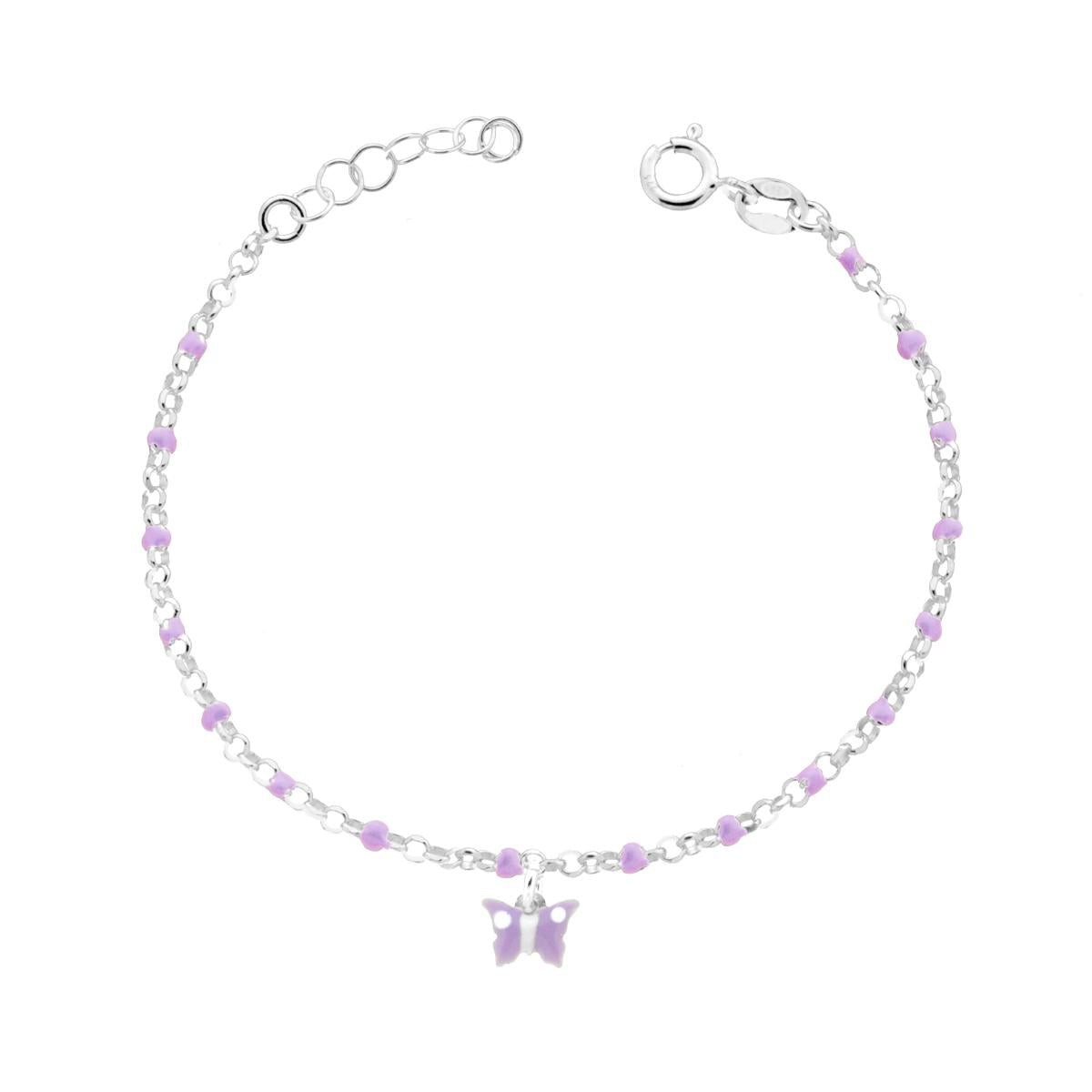 Bracciale Bimbo Bimba Catena Rolo Diamantata con Farfalla smalto Lilla e Bianco in ARGENTO 925