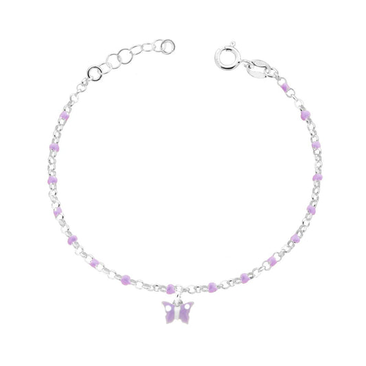 Bracciale Bimbo Bimba Catena Rolo Diamantata con Farfalla smalto Lilla e Bianco in ARGENTO 925