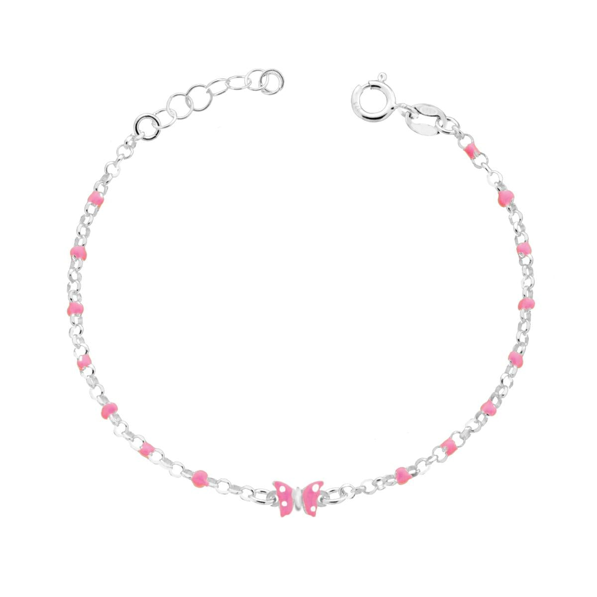 Bracciale Bimbo Bimba Catena Rolo Diamantata con Farfalla smalto Rosa e Bianco in ARGENTO 925