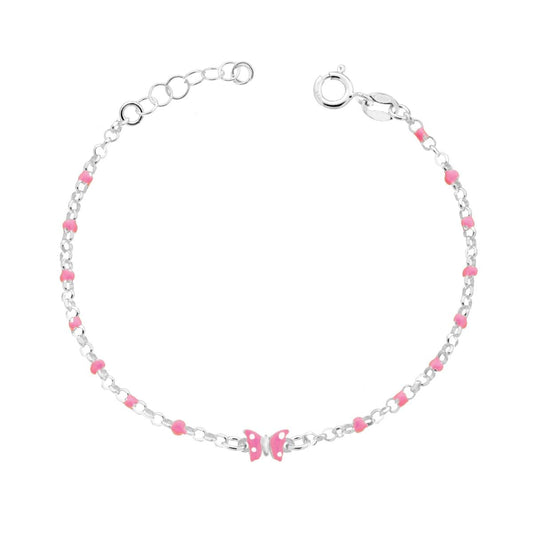 Bracciale Bimbo Bimba Catena Rolo Diamantata con Farfalla smalto Rosa e Bianco in ARGENTO 925