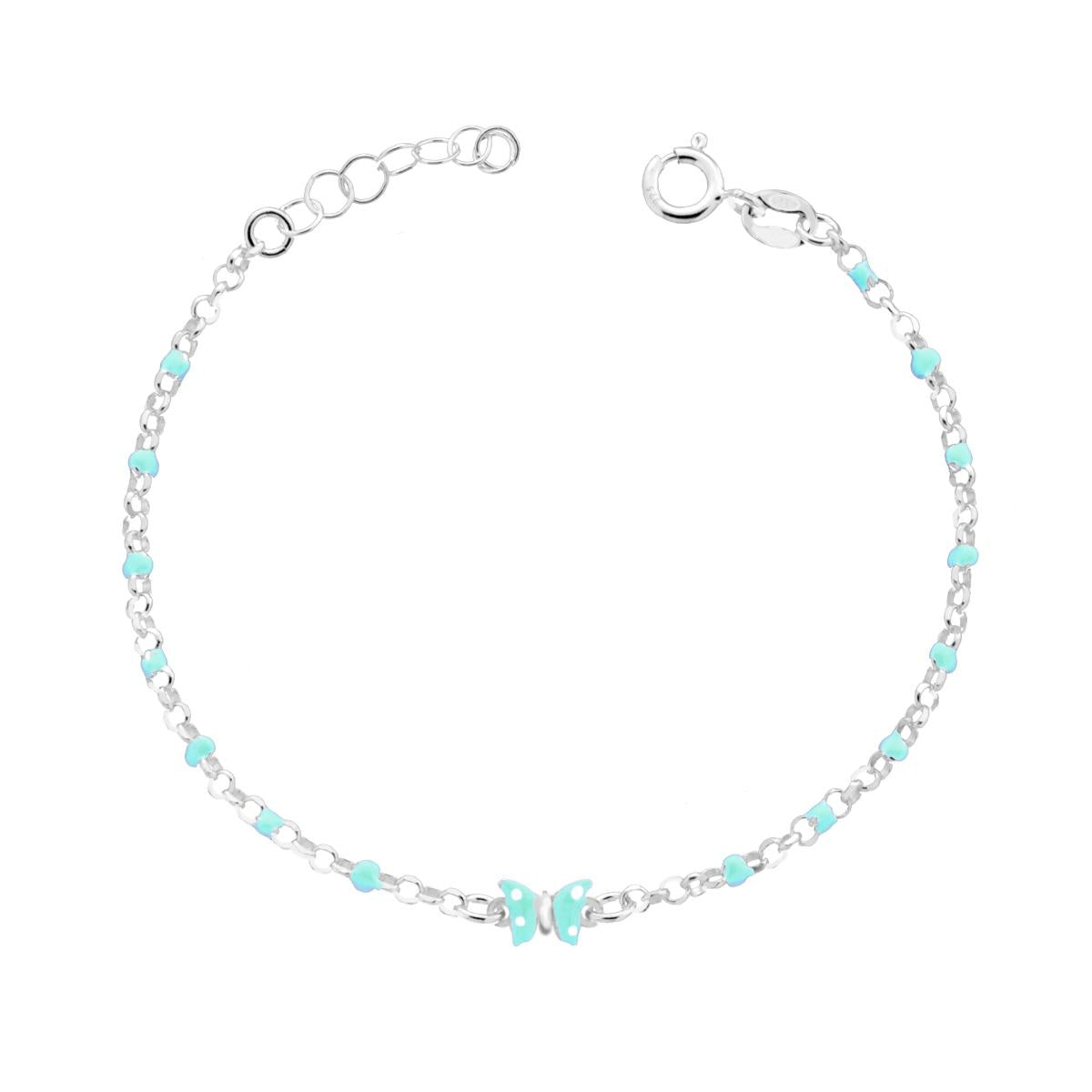 Bracciale Bimbo Bimba Catena Rolo Diamantata con Farfalla smalto Verde e Bianco in ARGENTO 925