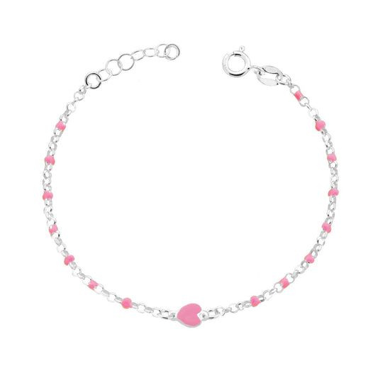 Bracciale Bimbo Bimba Catena Rolo Diamantata con Cuore smalto Rosa in ARGENTO 925