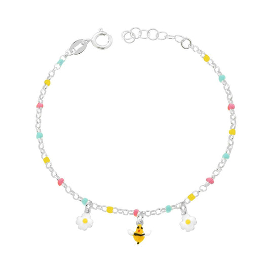 Bracciale Bimbo Bimba Catena Rolo Diamantata con Ape e Fiori smalto Multicolor in ARGENTO 925